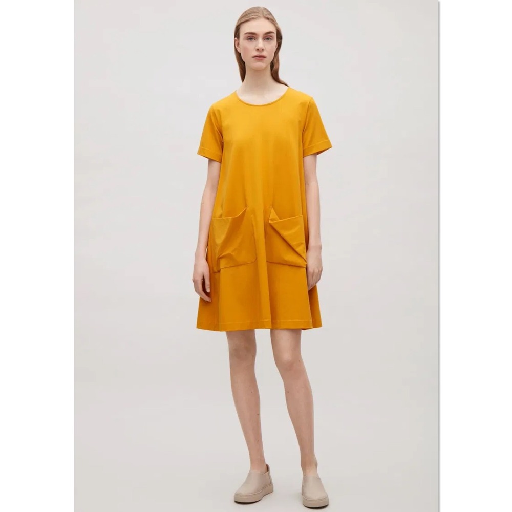 COS A-line Jersey Dress Mustard Yellow Small Short Sleeve Pocket Scandi NEW NWOT